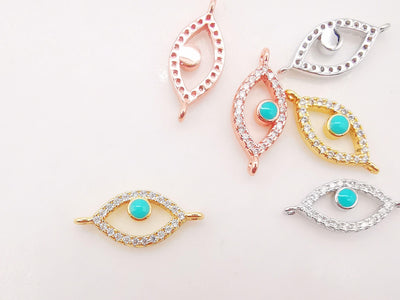 Cubic Evil Eye Connector Charm, 18K Gold Plated Micro CZ Pave Connector, 17x7mm, Bracelet Making, Jewelry Findings S126