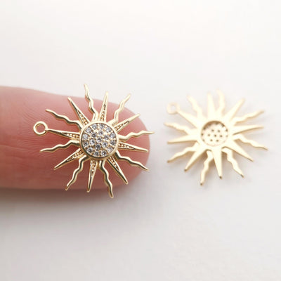 Dainty Sun Charm, Sunny Crystal Cubic Pendant, 18K Gold Plated Micro CZ Pave, 17mm, Necklace Making Charm, Jewelry Findings ZX074