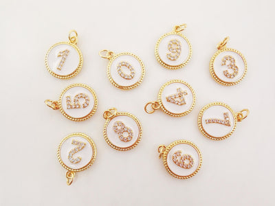 Number Charms, 0~9, Birthday Number Charm, You Choose, Coin Cubic Pave, 18K Gold Plated, Necklace Making Pendants, Jewelry Findings S20245