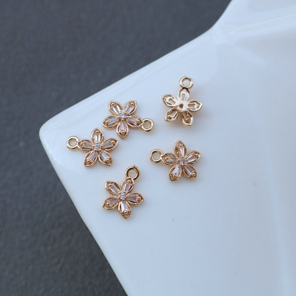 CZ Flower Charm, Cubic Zircon Crystal Flower Pendant, CZ Earring Charms,  Real Gold Plated Brass Earring Charms, Jewelry Findings HL020-F163