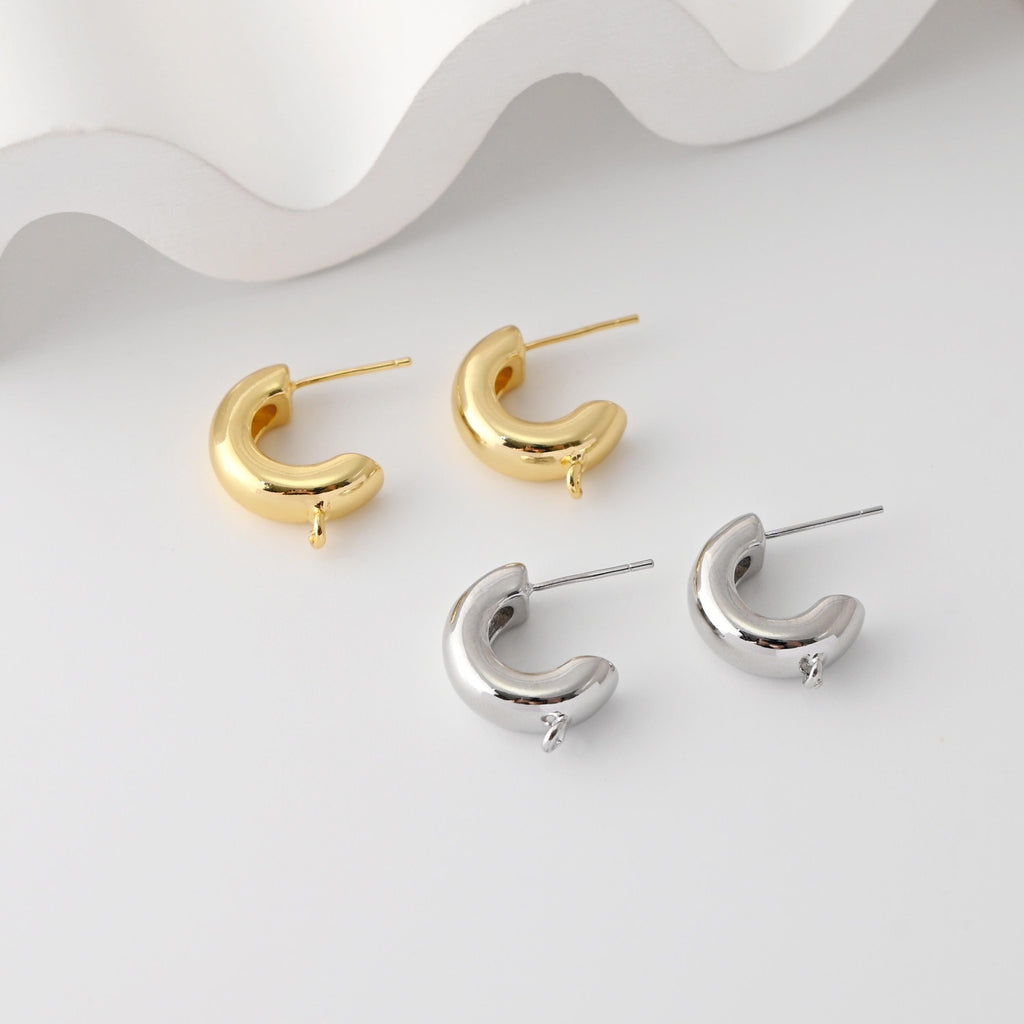 C Shape Earrings Post With Loop, 18K Gold Plated, Nickel Free, S925 Silver Pin, Ear Stud Hypoallergenic Earring Findings D0366