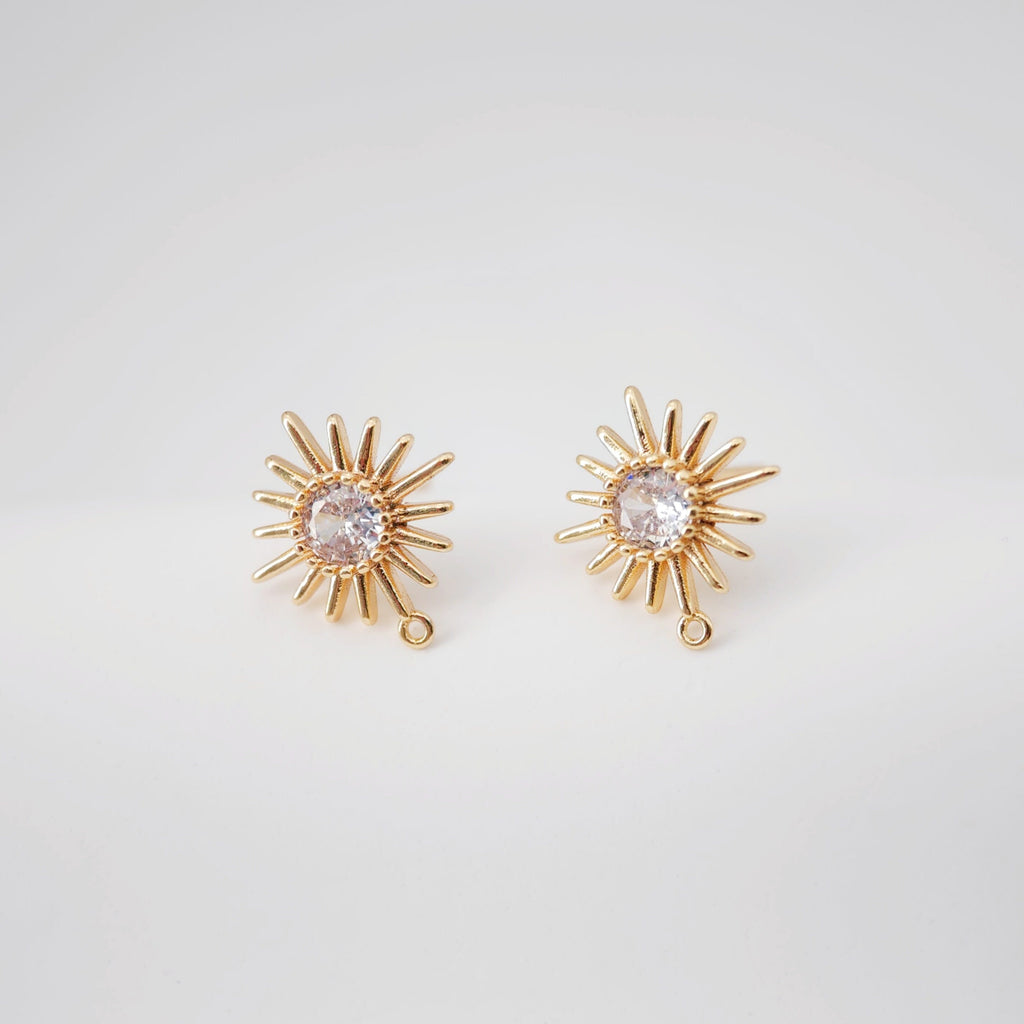 Poste para aretes con sol y pavé cúbico, arete chapado en oro de 18 quilates con aro, pasador de plata S925, poste con forma de sol, fornitura para aretes ZX248