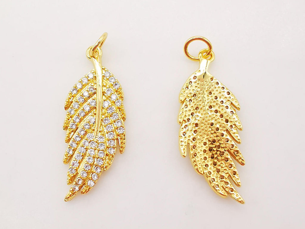 2PCS 22x8mm Cubic Leaf Charms, 18K Gold Leaf Pendants, Micro pave charms for Necklace Bracelet Earring, Jewelry Findings S730