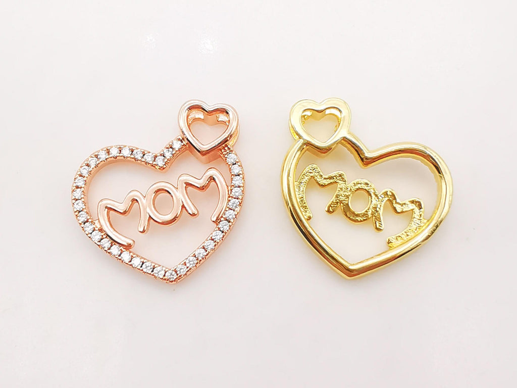 Cubic Love Mom Charm, 18K Gold Plated Micro CZ Pave Heart Pendant, Necklace Making Findings, 21x22mm, Jewelry Finding Gift for Mom S917