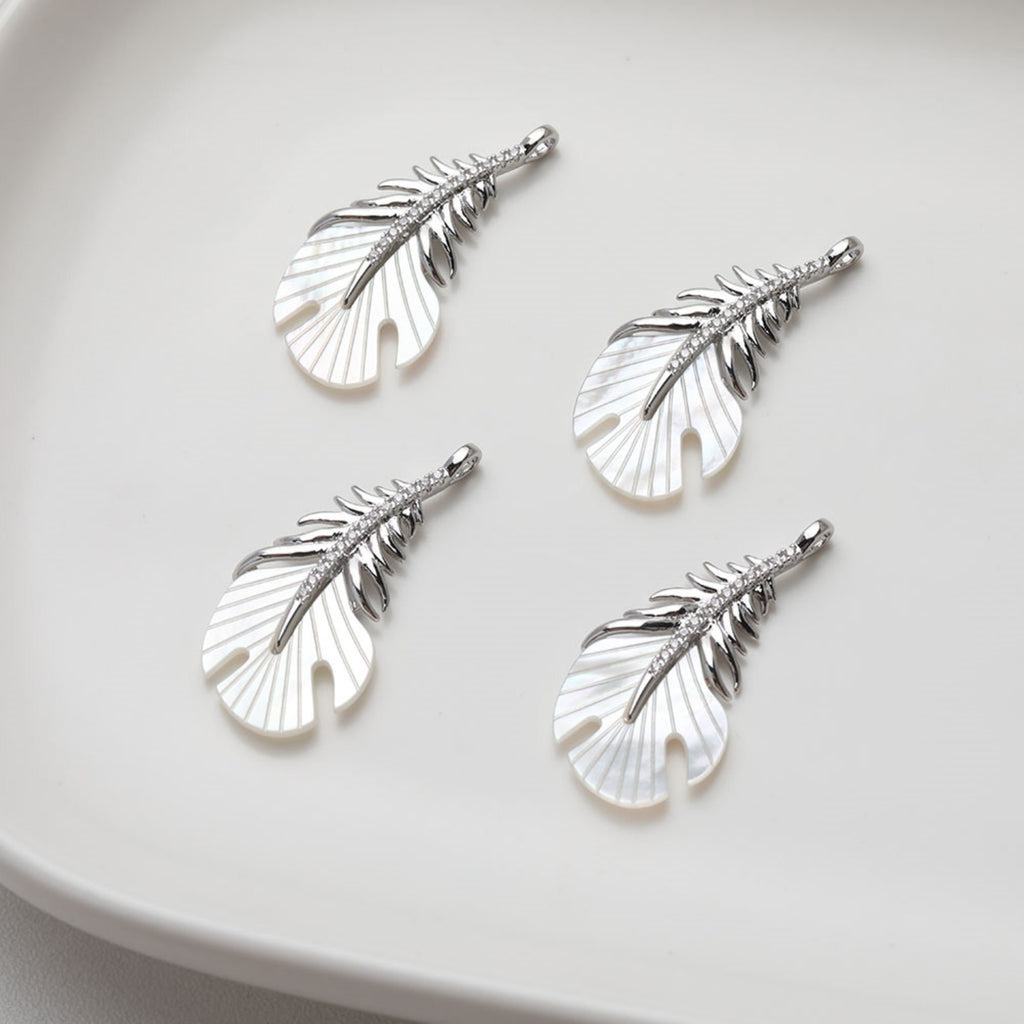 Feather Shell Pendant, Real Gold/Silver Plated, CZ Pave, Jewelry Making Findings GZ533