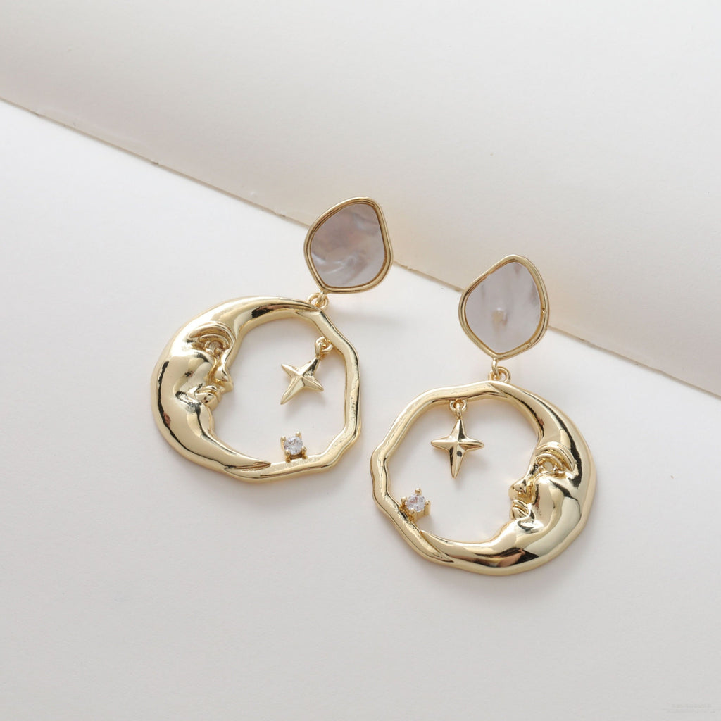 قرط صدفي غير منتظم، مطلي بالذهب عيار 14 قيراطًا، دبوس فضة S925 خالٍ من النيكل، نتائج قرط مضادة للحساسية JJ022