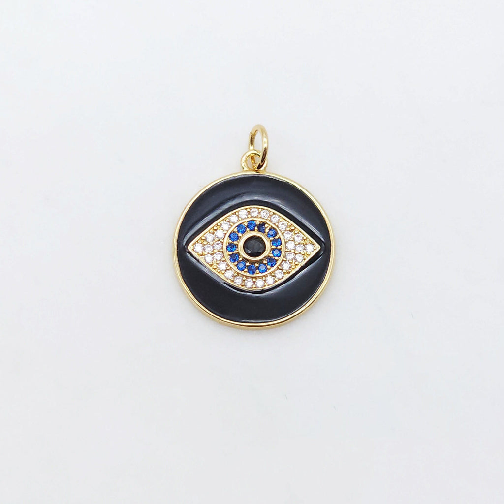 Enamel Cubic Evil Eye Charm, 18K Gold Plated Micro CZ Pave Round Pendant, 19mm, Necklace Making Charm, Jewelry Findings S20505