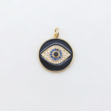 Load image into Gallery viewer, Enamel Cubic Evil Eye Charm, 18K Gold Plated Micro CZ Pave Round Pendant, 19mm, Necklace Making Charm, Jewelry Findings S20505