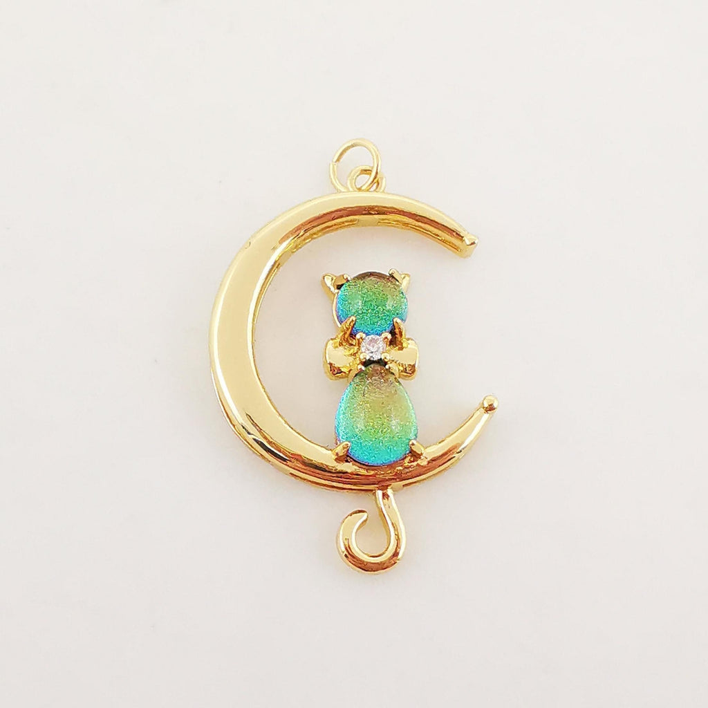 Dainty Cat on Moon Charm, CZ Pave Moon Pendant, Crystal Cat Multi Color, 18K Gold Plated, Necklace Pendant Findings S20278