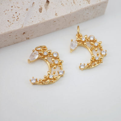 Cubic Crescent Moon Charm, Eye Charm, 18K Gold Plated Moon Pendant, Clear Micro CZ Pave Horn Charms, Jewelry Findings S774
