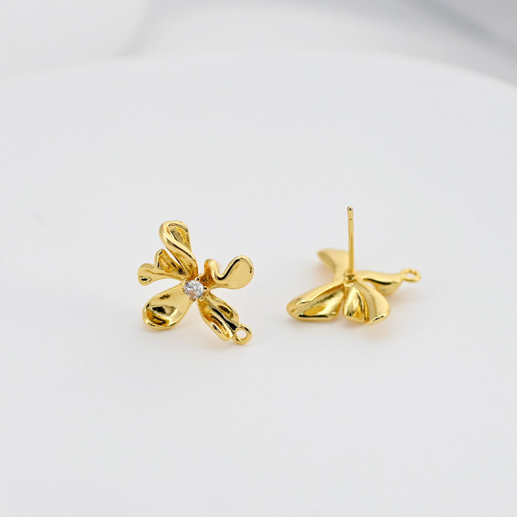 Flower Earring Post, 18K Real Gold Plated Brass Stud Earring With Loop, S925 Silver Pin, CZ Pave, Nickel Free, Earring Finding D0490