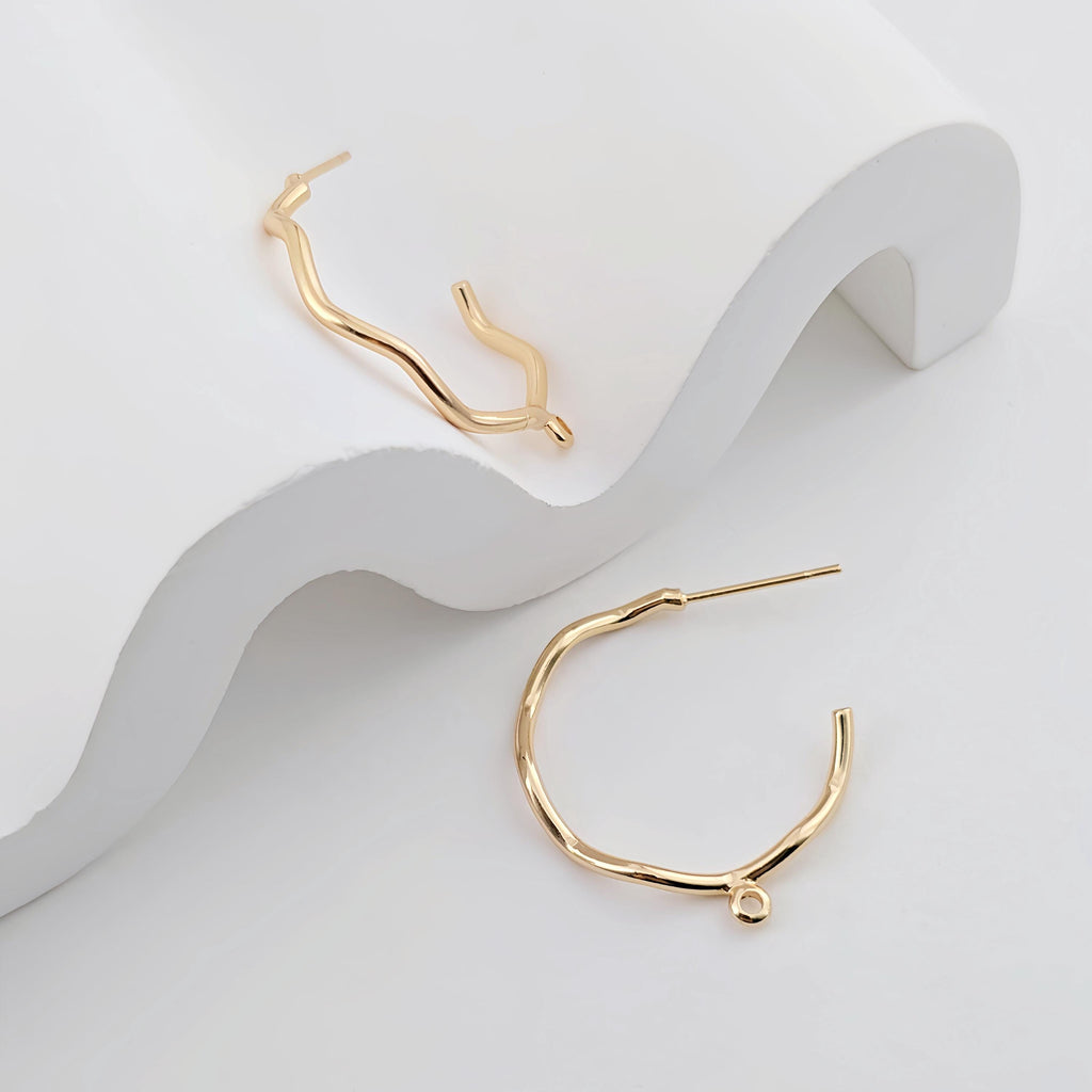 C Shape Earrings Post With Loop, Twig Bending Style Post Earring, 18K Gold Nickel Free, Hypoallergenic Earring Findings ZX287