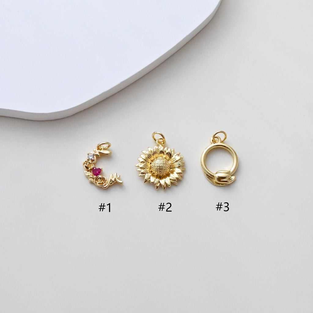 Sunflower/Round/Flower Moon Pendant, Pave CZ, Plant Charm, 18K Gold Plated, For Bracelet And Necklace Making, Jewelry Findings S1382