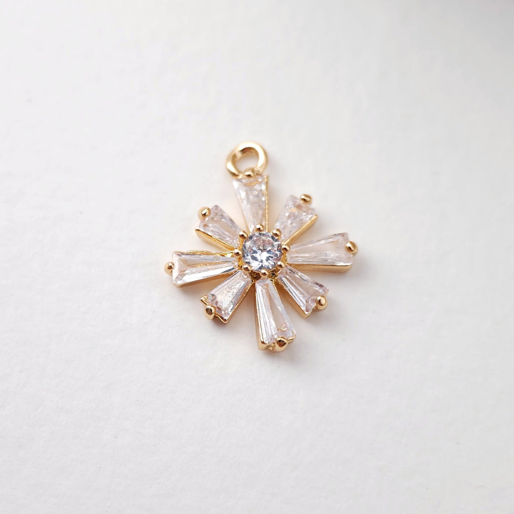 CZ Pave Flower Charm, Cubic Pendant, Earring Connectors, Real Gold Plated Brass Earring Charms, Jewelry Findings D0074