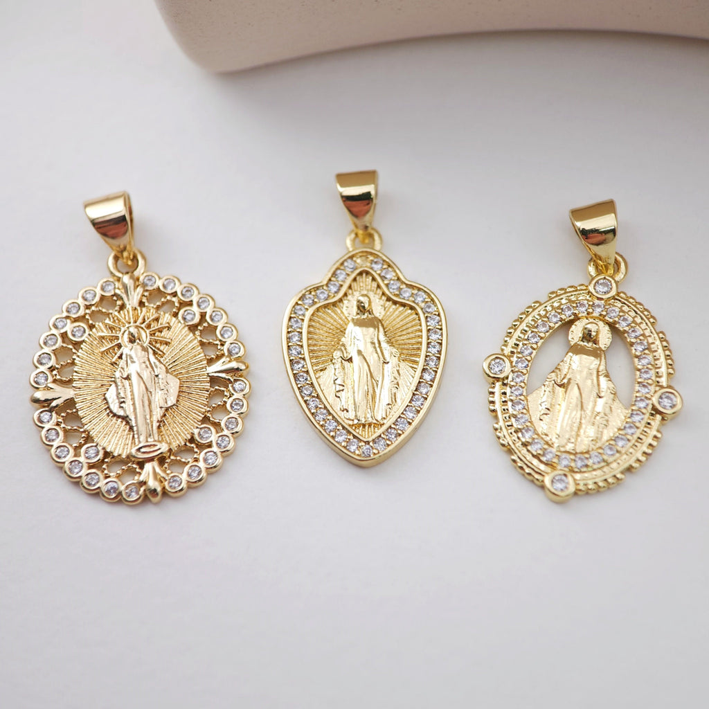 Cubic Saint Maria Charm, Religious Pendant, 18K Gold Plated Micro CZ Pave Our Lady Pendant, Vintage Necklace Making Charm S1169