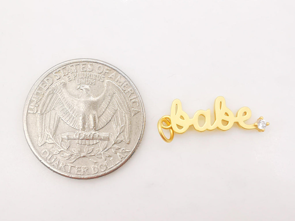 Dainty Babe Charms, 18K Matte Gold Cubic Pave Charms For Necklace Bracelet Making, Babe Word Pendant, Jewelry Findings S265
