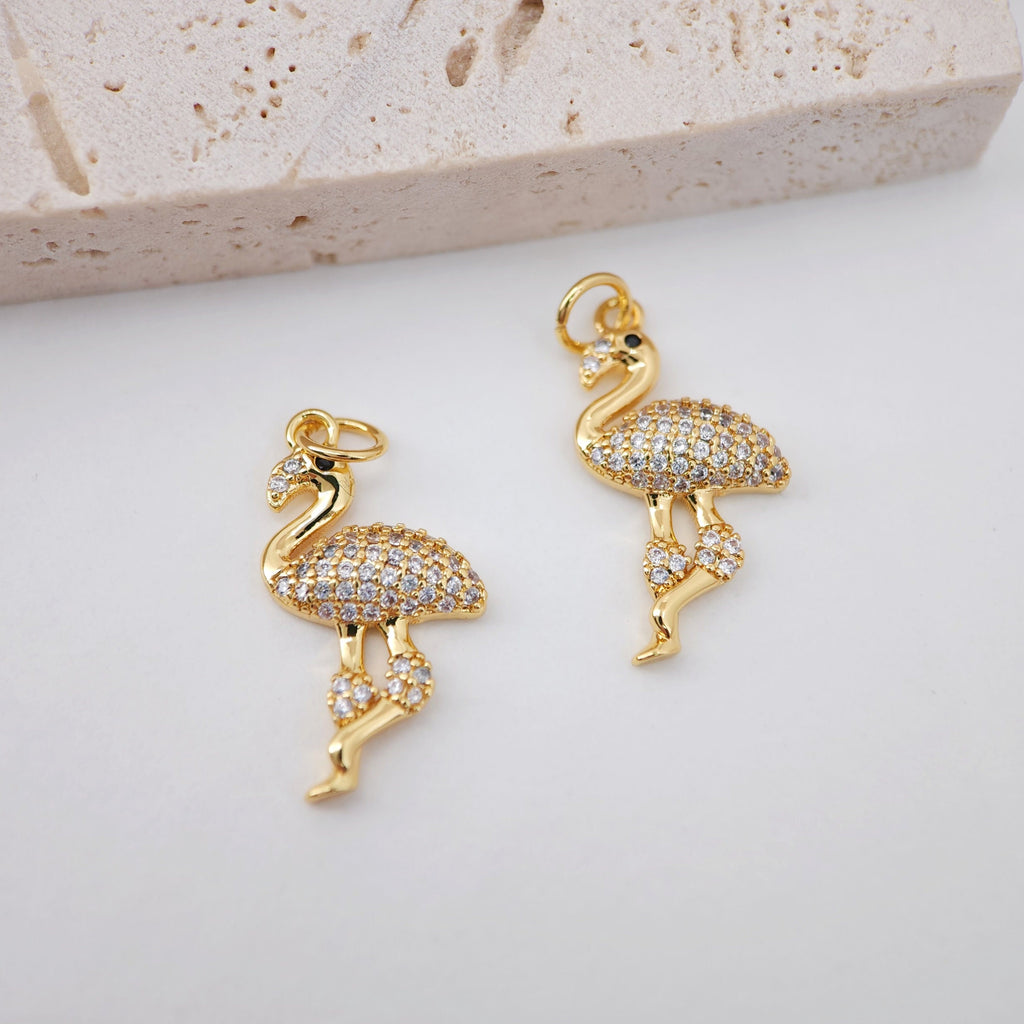 Bird Charm, CZ Pave Pendant, Woodpecker, Flamingo Pendant, 18K Gold Plated, Necklace Making Charm, Jewelry Findings S20318