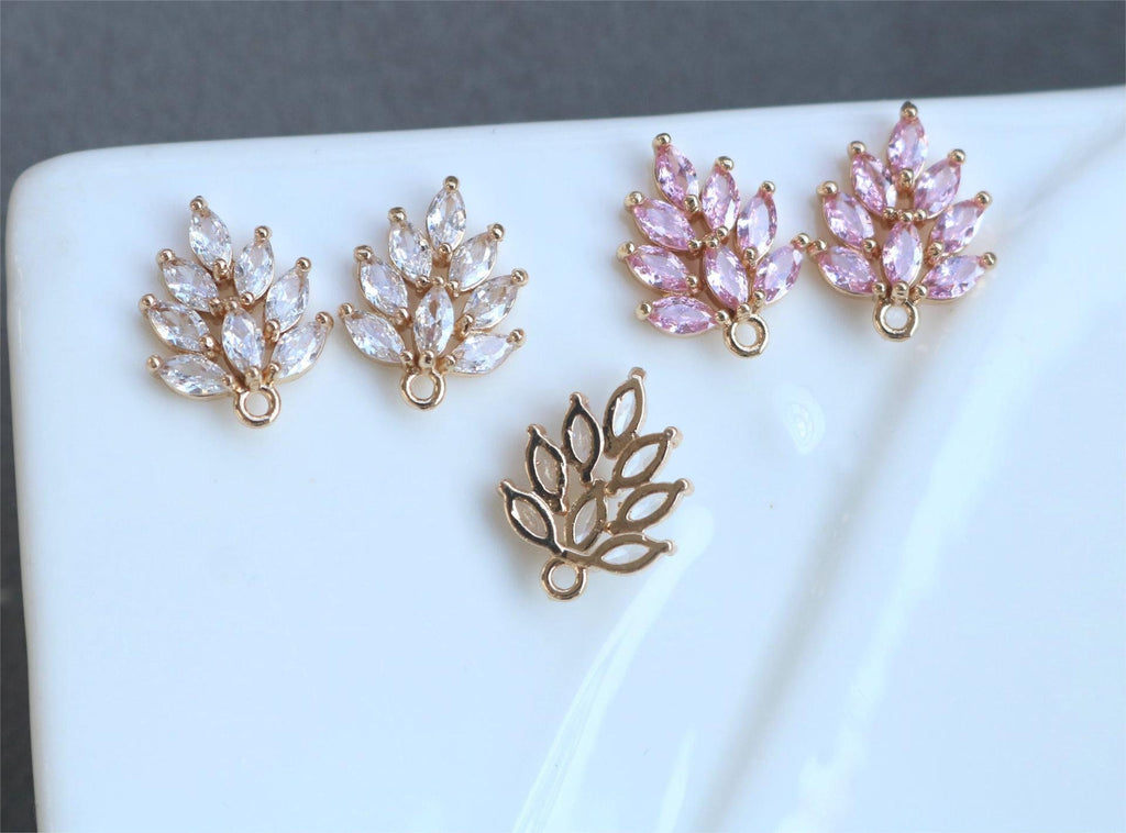 CZ Pave Leaf Charm, Cubic Zircon Crystal Leaf Pendant, CZ Earring Charms,  Real Gold Plated Brass Earring Charms, Jewelry Finding ZR004-F046