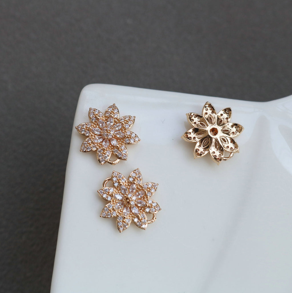 Sun Flower Charm, Cubic Zircon Crystal Flower Pendant, CZ Earring Charms,  Gold Plated Brass Earring Charms, Jewelry Findings HL014-F179