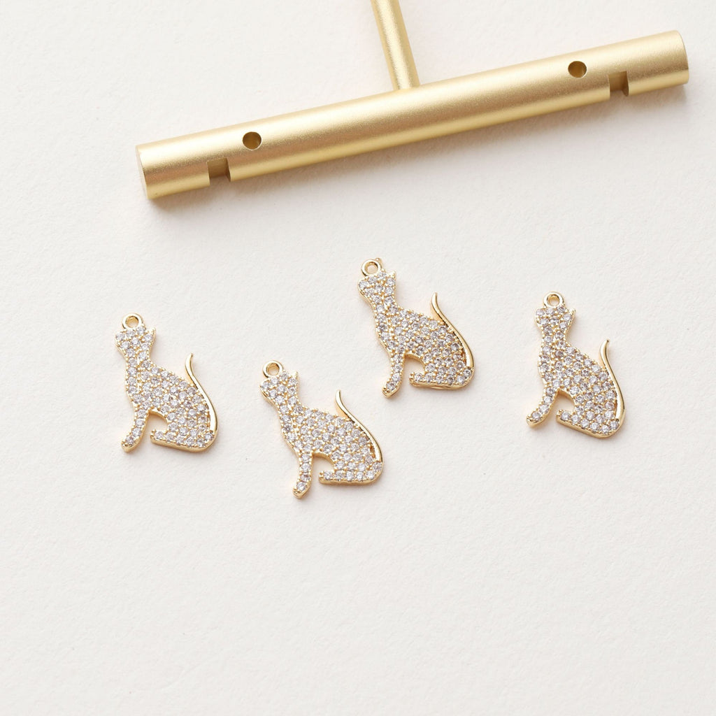 Dainty Cute Kitty Charm, CZ Pave Cat Pendant, 18K Gold Plated, Necklace Pendant Findings GZ410
