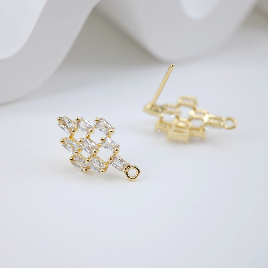 Cubic Zirconia Rhombus Post Earrings, Gold Earring Post with Loop, Hypoallergenic, Earring Findings, Handmade Earring Supplies D0033