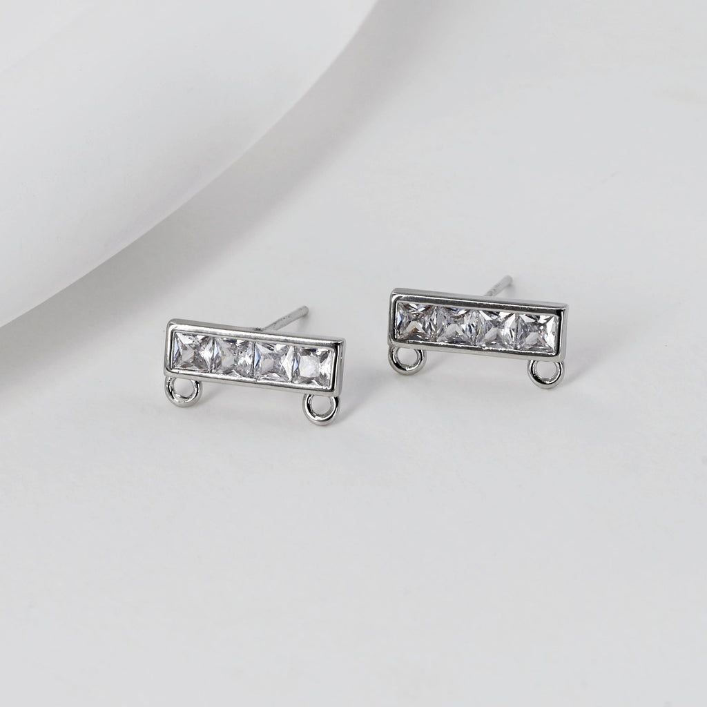 Rectangular CZ Earring Post With 2 Loops, S925 Silver Pin Nickel Free Post, 18K gold Plated, Hypoallergenic Earring Findings D0391