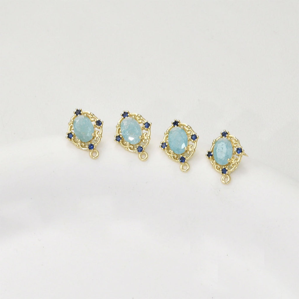 Vintage Oval Ear Post with Loops, Pave Aquamarine Cracked Stone, S925 Silver Ear Pin Nickel Free, 18K Gold Plated Stud Earring Finding LL195