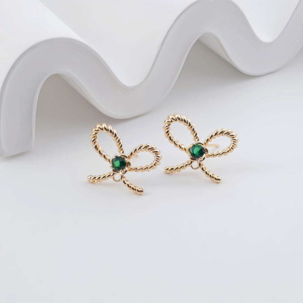 Bow Tie Earring Post With Loop, 14K Gold Plated, Green CZ Pave, Nickel Free Earrings, Bow Tie Ear Stud with Loop ZX312