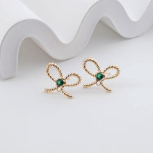 Load image into Gallery viewer, Bow Tie Earring Post With Loop, 14K Gold Plated, Green CZ Pave, Nickel Free Earrings, Bow Tie Ear Stud with Loop ZX312