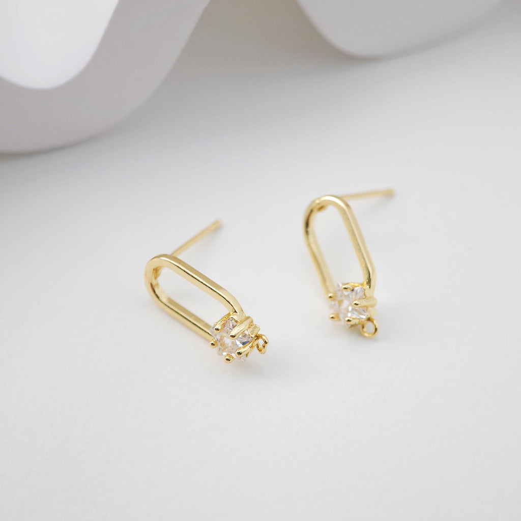 2pcs 18K Gold Oval Post With Loop, CZ Pave, S925 Silver Pin, 17.7*7.4mm, Stud Earring Nickel Free, Hypoallergenic Earring Findings D0234