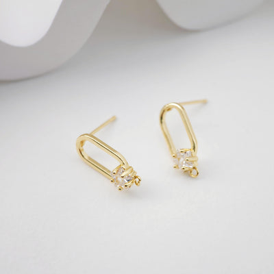 2pcs 18K Gold Oval Post With Loop, CZ Pave, S925 Silver Pin, 17.7*7.4mm, Stud Earring Nickel Free, Hypoallergenic Earring Findings D0234