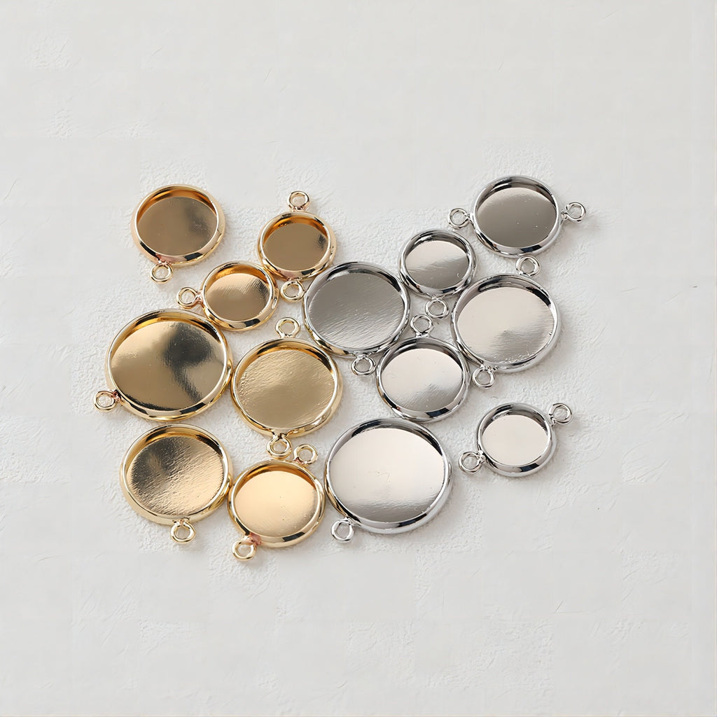 10 conectores de cabujón dorado con bandeja, chapados en oro de 14 quilates y plata, con engastes de colgante en blanco de 8 mm, 10 mm, 12 mm y 14 mm, JH002