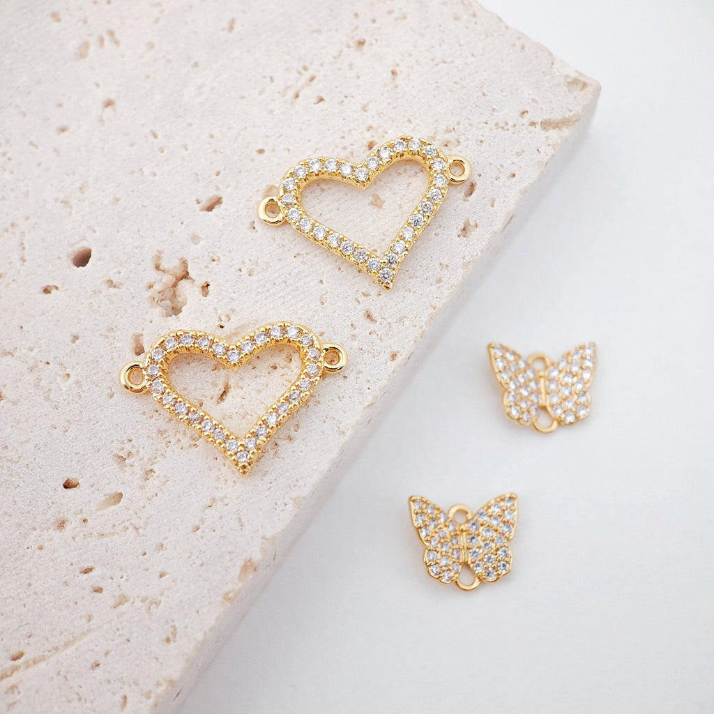 Cubic Heart Butterfly Connector Charms, 18K Gold Bracelet Necklace Making Connectors, Micro CZ Pave Charms,  Jewelry Findings S013