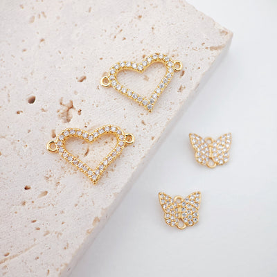 Cubic Heart Butterfly Connector Charms, 18K Gold Bracelet Necklace Making Connectors, Micro CZ Pave Charms,  Jewelry Findings S013