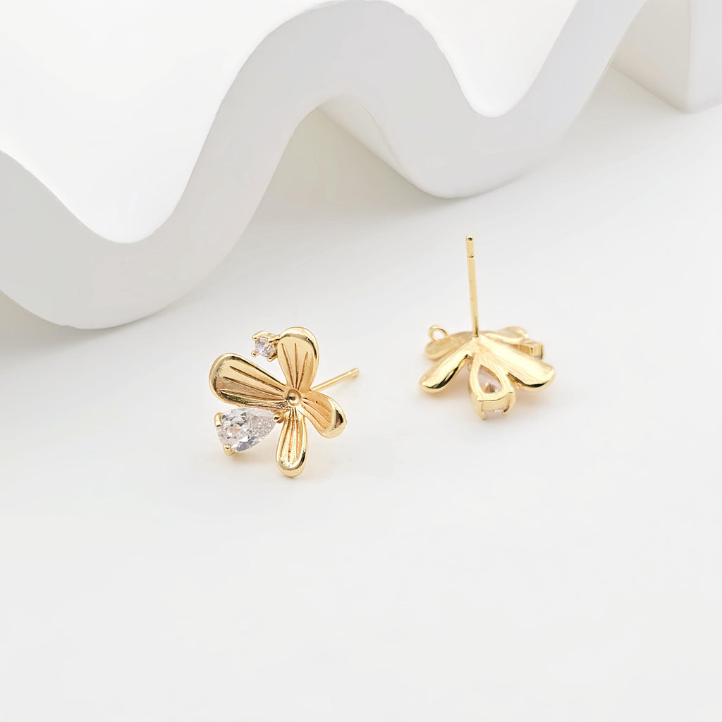 Flower Post Earring, 18K Gold Plated Brass Stud Earring With Loop, CZ Pave, 14.3mm, S925 Silver Ear Pin, Nickel Free, Earring Finding ZX286
