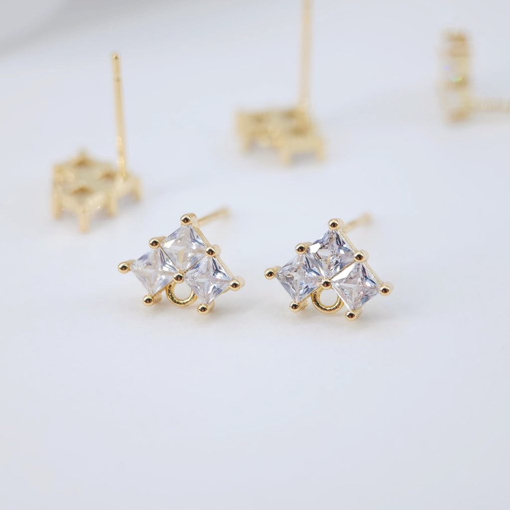 Cubic Zirconia Triangle Post Earrings, Gold Earring Post with Loop, Hypoallergenic, Earring Findings, Handmade Earring Supplies D0029