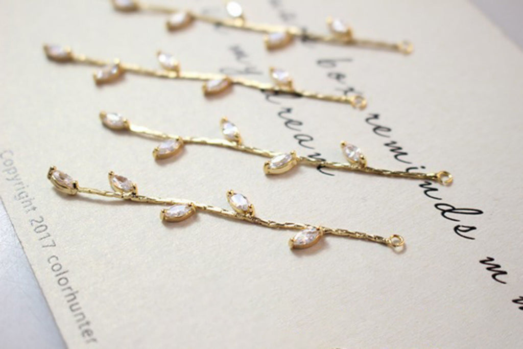 Leaf CZ Pave Tassel, Round Cubic Zirconia Tassel, 18K Gold Plated Earring Chain Pendant, Earring Findings GZ175