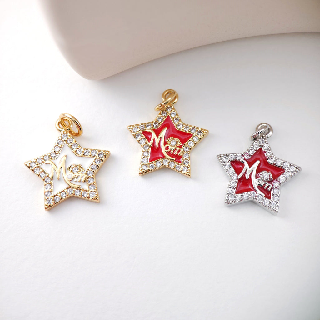 Cubic Star Mom Charm, 18K Gold Plated Micro CZ Pave Star Pendant, Necklace Making Findings, Jewelry Finding Gift for Mom S1126