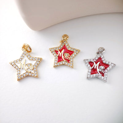 Cubic Star Mom Charm, 18K Gold Plated Micro CZ Pave Star Pendant, Necklace Making Findings, Jewelry Finding Gift for Mom S1126