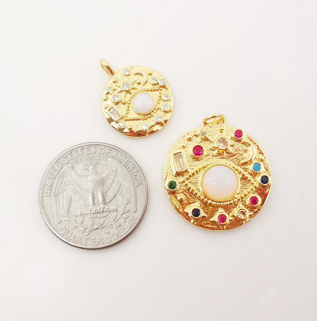 Colorful Cubic Evil Eye Charm, 18K Gold Plated Micro CZ Pave Round Pendant, 24mm, 17mm, Necklace Making Charm, Jewelry Findings S1080