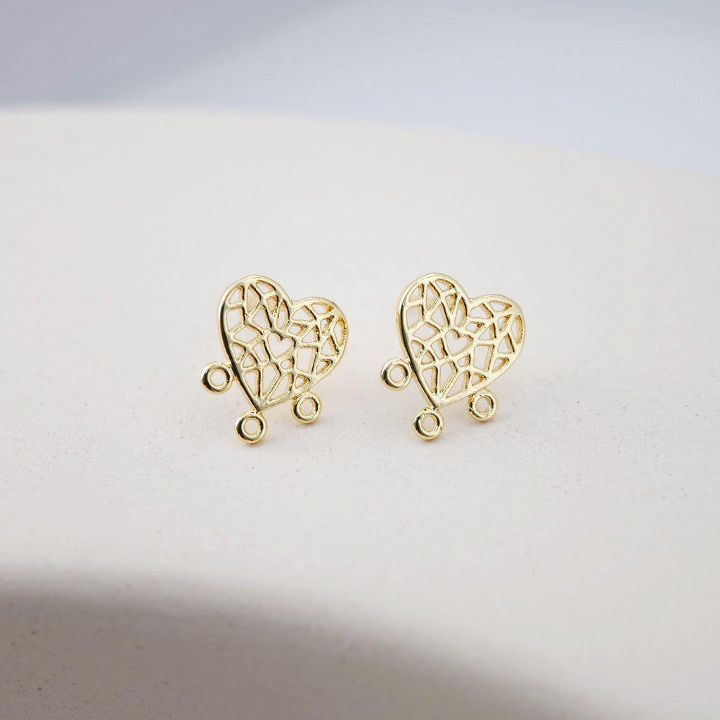 18K Heart Flower Stud Earrings with 3 Loops, Heart Stud Earring Nickel Free, 12mm, Hypoallergenic Earring Findings D0201