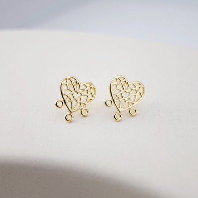 18K Heart Flower Stud Earrings with 3 Loops, Heart Stud Earring Nickel Free, 12mm, Hypoallergenic Earring Findings D0201
