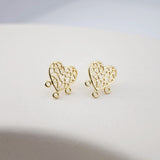 18K Heart Flower Stud Earrings with 3 Loops, Heart Stud Earring Nickel Free, 12mm, Hypoallergenic Earring Findings D0201