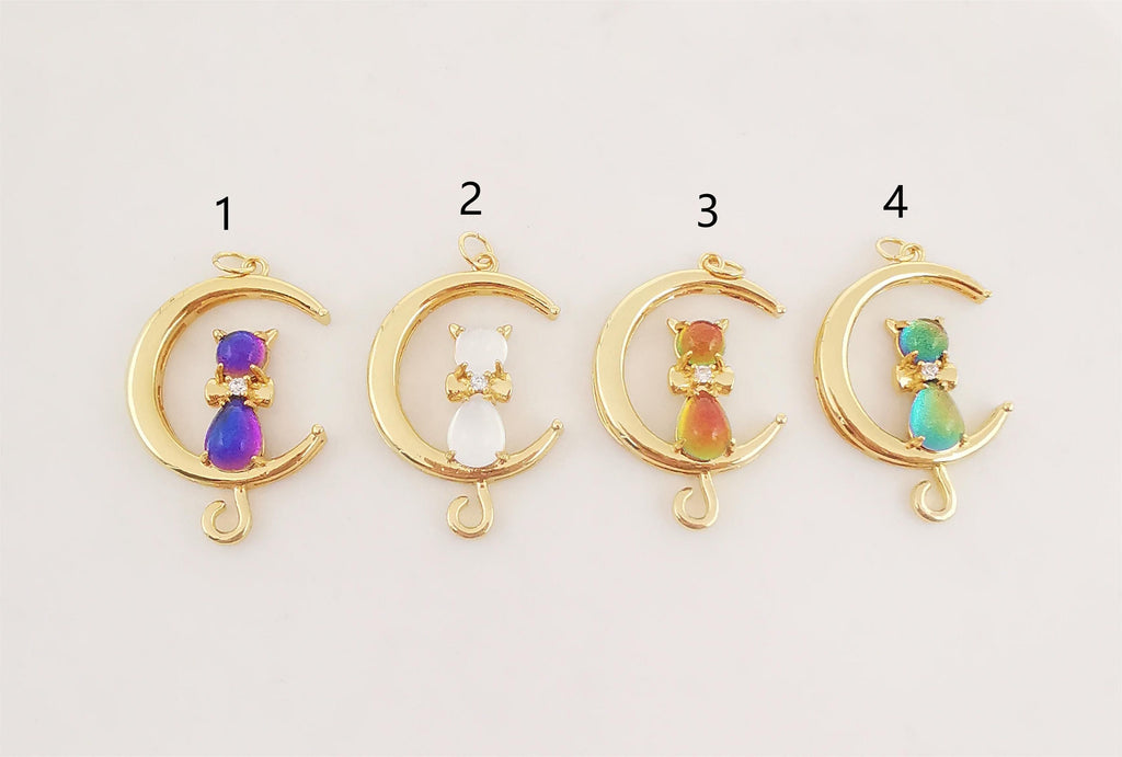 Dainty Cat on Moon Charm, CZ Pave Moon Pendant, Crystal Cat Multi Color, 18K Gold Plated, Necklace Pendant Findings S20278