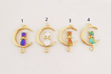 Load image into Gallery viewer, Dainty Cat on Moon Charm, CZ Pave Moon Pendant, Crystal Cat Multi Color, 18K Gold Plated, Necklace Pendant Findings S20278