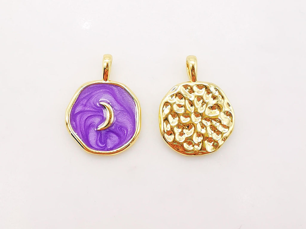 Multicolor Enamel Round Coin Charm, 18K Gold Plated Star/Heart/Moon/Wing/Light, 14mm, Necklace Bracelet Making Pendant, S910