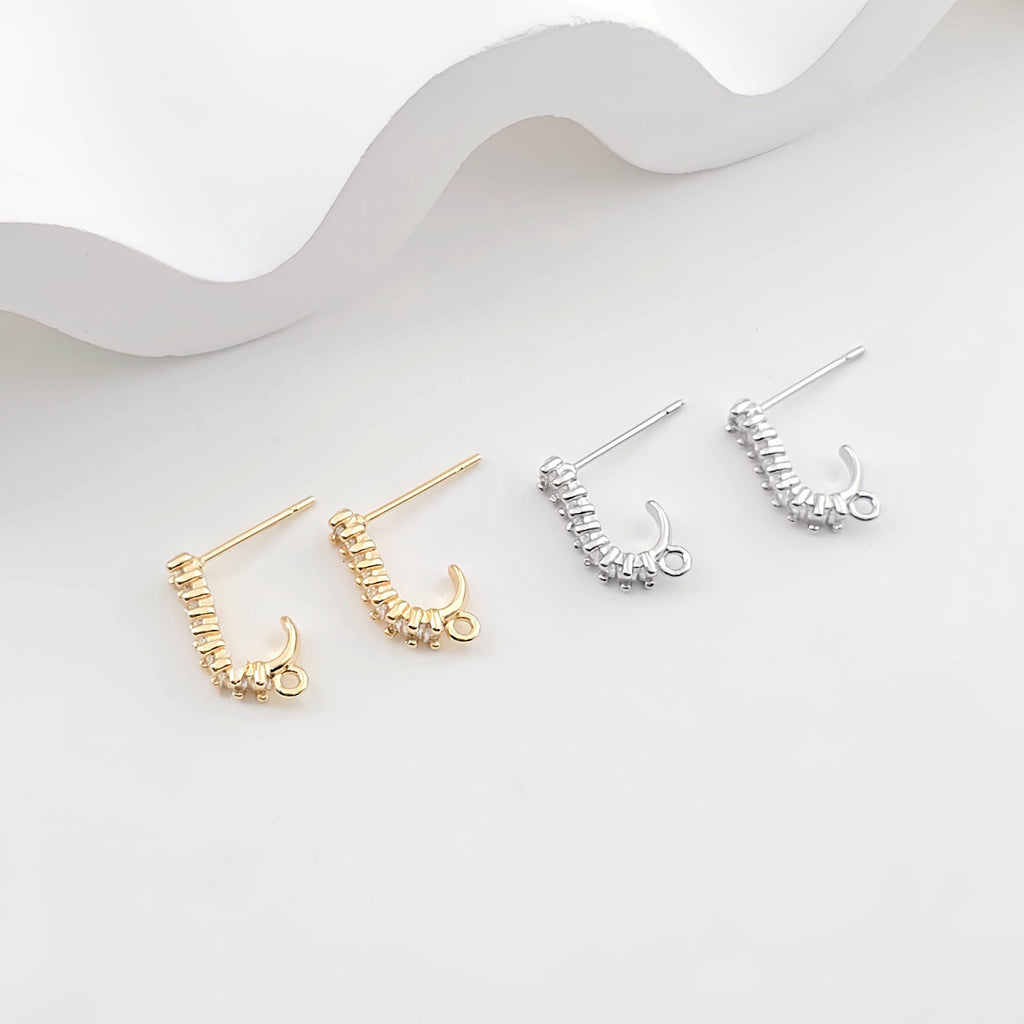J Shape Ear Post with Loop, Nickel Free, CZ Pave, 15.2*3.7mm, Silver/18K Gold Plated Stud Earring Finding ZX303