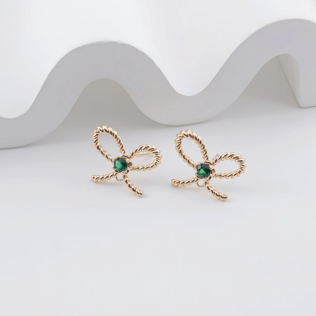 Bow Tie Earring Post With Loop, 14K Gold Plated, Green CZ Pave, Nickel Free Earrings, Bow Tie Ear Stud with Loop ZX312