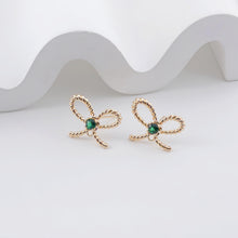 Load image into Gallery viewer, Bow Tie Earring Post With Loop, 14K Gold Plated, Green CZ Pave, Nickel Free Earrings, Bow Tie Ear Stud with Loop ZX312