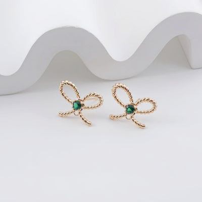 Bow Tie Earring Post With Loop, 14K Gold Plated, Green CZ Pave, Nickel Free Earrings, Bow Tie Ear Stud with Loop ZX312